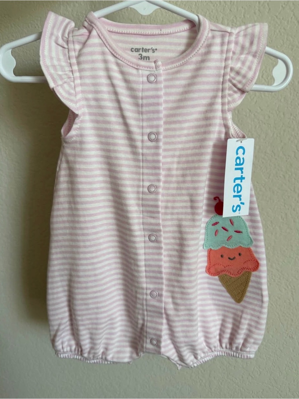 Carter's Pink & White Striped Baby One-Piece Romper with Ice Cream Applique